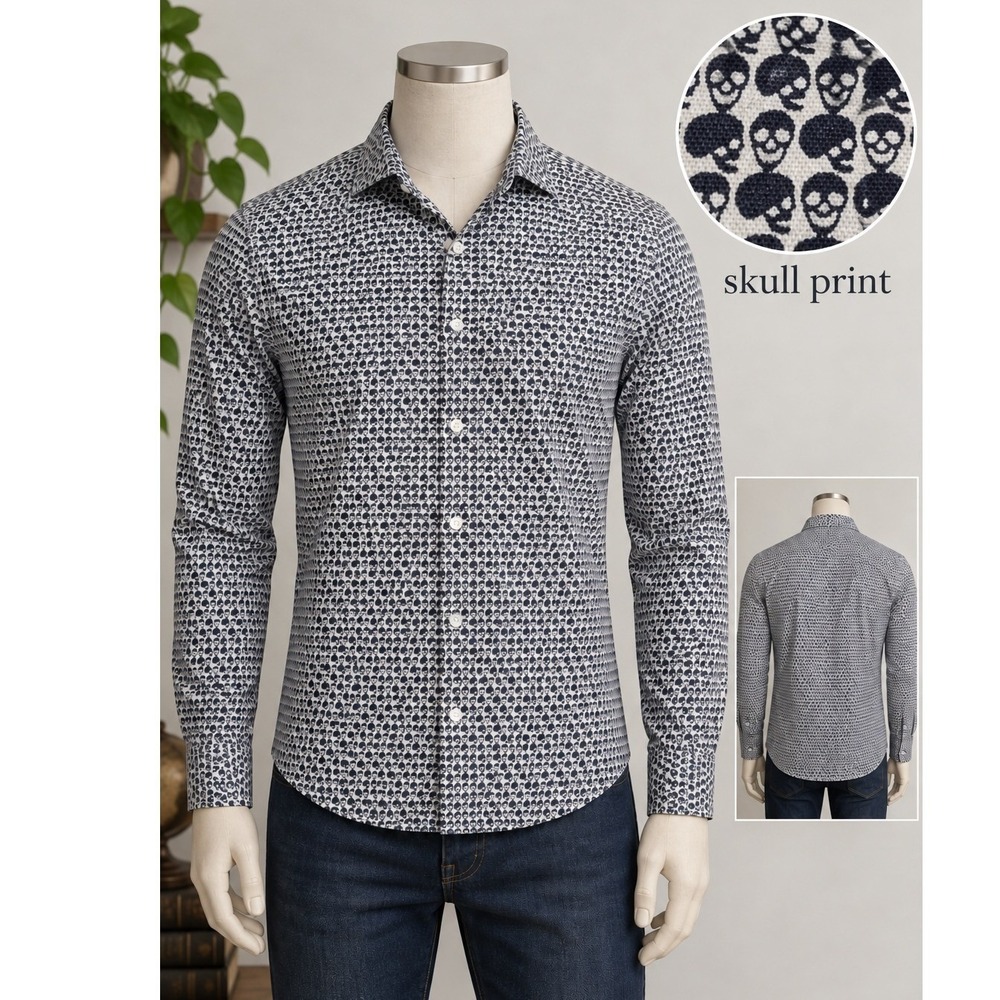 Kenneth Cole Reaction Men Slim Fit Skull Print Button Down Shirt Navy 15.5 32-33